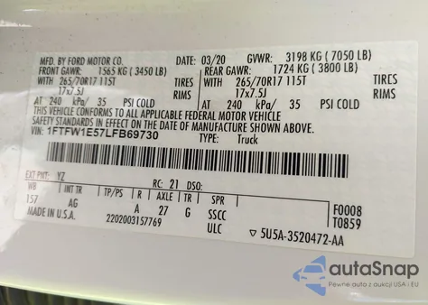 2020 Ford F150 Xl из США, поврежденный, VIN 1FTFW1E57LFB69730